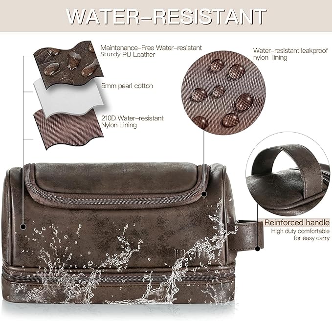 Elviros Toiletry Bag for Mens PU Leather Travel Organizer Kit with Hanging hook, Large Water-resistant Toiletries Bathroom Shaving Bags (Coffee)