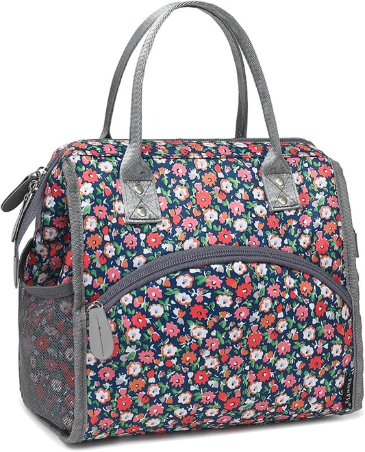 FlowFly Insulated Lunch Bag for Women, Men, Large and Reusable, Handle, Work and Travel Tote and Meal Prep Organizer, Floral