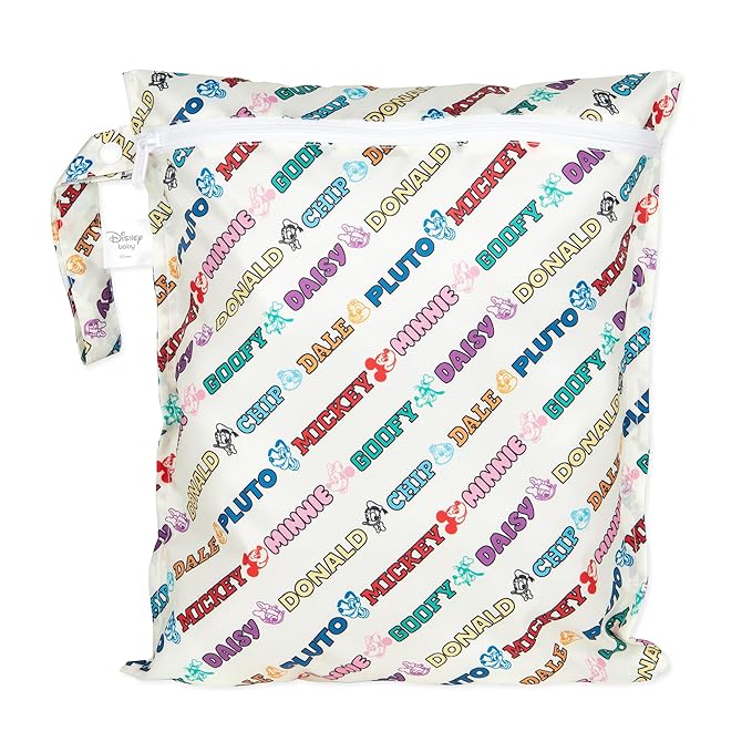 Bumkins Disney Waterproof Wet Bag for Baby, Travel, Swim Suit, Cloth Diaper, Pump Parts, Pool, Beach, Gym Clothes, Toiletry, Hook to Stroller, Daycare, Zipper Reusable Wetdry, Mickey and Friends White