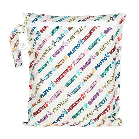 Bumkins Disney Waterproof Wet Bag for Baby, Travel, Swim Suit, Cloth Diaper, Pump Parts, Pool, Beach, Gym Clothes, Toiletry, Hook to Stroller, Daycare, Zipper Reusable Wetdry, Mickey and Friends White