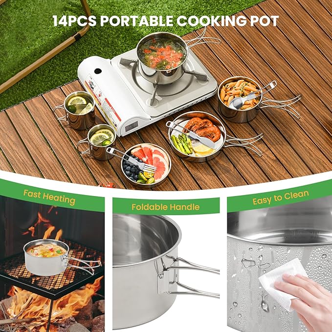 Camping Cookware Mess Kit Outdoor: GEEKHOM 14PCS Stainless Steel Camping Pots and Frying Pans, All-in-One Portable Camp Cookset Grilling Tools for Backpacking & Campfire (1-2 Person)