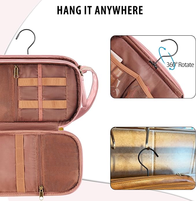 Travel Toiletry Bag for Women, Large Hanging Toiletries Organizer Bags for Man, Cruise Ship Essentials, Water-resistant Shaving Case, PU Leather Makeup Accessories, Cosmetic Dopp Kit, Pink