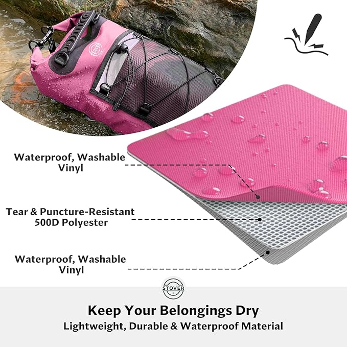 STOVER 5/10/25/30/40/55L Waterproof Dry Backpack & Phone Case- Medium Floating Dry Bag for Kayaking, Travel, Hiking, Fishing, Camping, Motorcycles & Beach, Heavy-Duty Roll Top Men/Women (Pink)