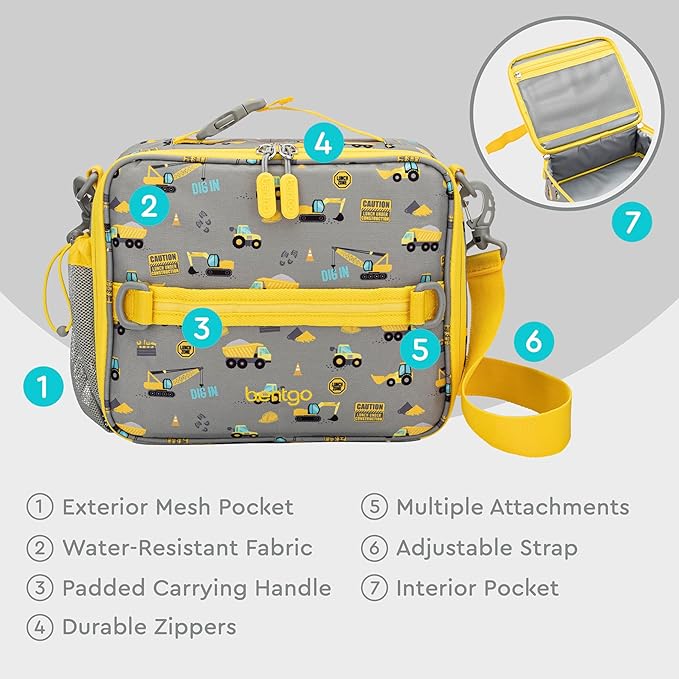 Bentgo Kids Lunch Bag - Durable, Double-Insulated Lunch Bag for Kids 3+; Holds Lunch Box, Water Bottle, & Snacks; Easy-Clean Water-Resistant Fabric & Multiple Zippered Pockets (Construction Trucks)