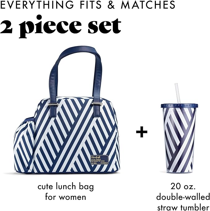 Fit & Fresh Lunch Bag For Women, Insulated Womens Lunch Bag For Work, Leakproof & Stain-Resistant Large Lunch Box For Women With Bottle Pocket, Zipper Closure Laketown Bag Navy Stripe Tumbler