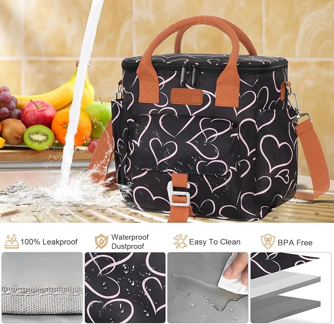 Joymee Large Insulated Lunch Bag for Women Adults, Reusable Waterproof Lunch Box for Work Picnic Camping, Small Lunch Cooler Leakproof Tote with Side Pocket Adjustable Shoulder Strap - Love Heart
