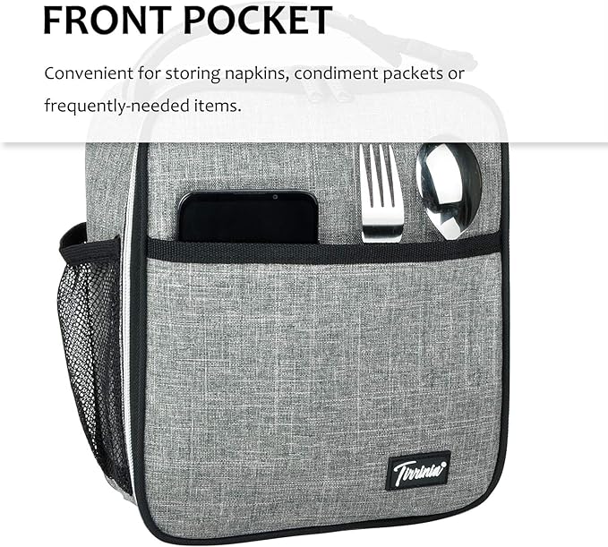 Small Insulated Lunch Bag for Men Women, Splash Proof Mini Portable Reusable Thermal Lunch Box Cooler Tote for Adults & Kids, Grey, 8.5in x 4in x 9.5in (L x W x H)