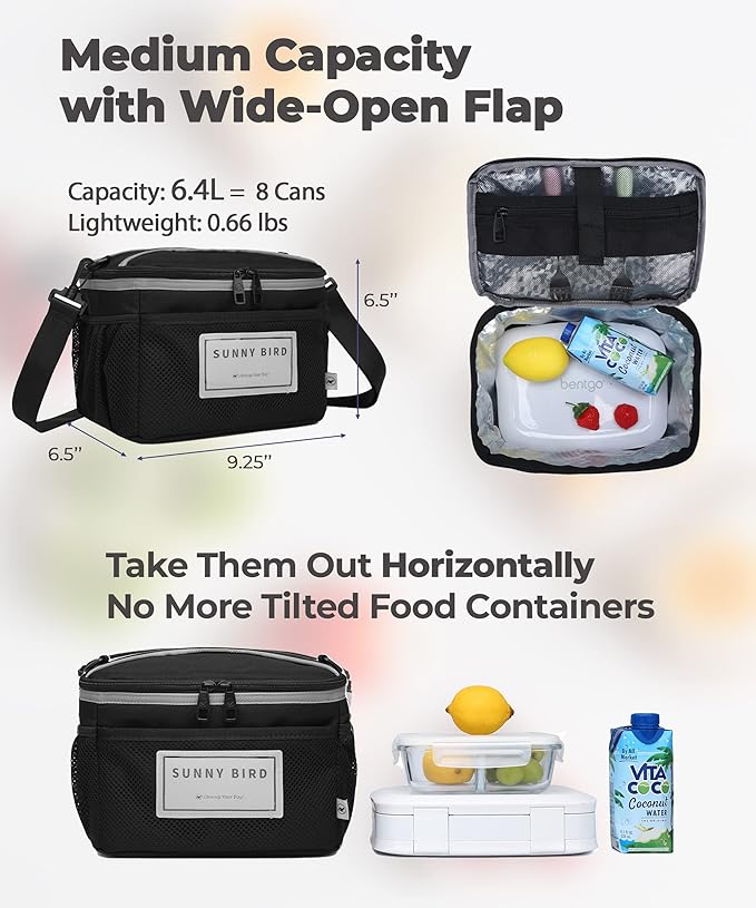 SUNNY BIRD Insulated Lunch Bag with Foldable and Leakproof Design, Thermally Insulated, Shoulder Strap for Women, Men and Teen (Black 002)