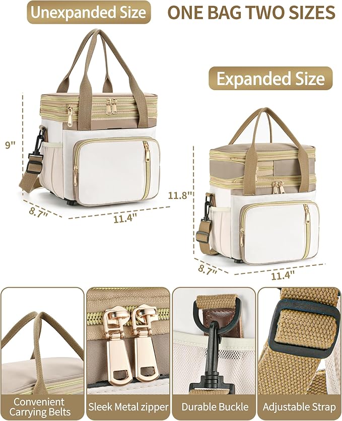 LOKASS Lunch Bag for Women/Men Work, 16L Expandable Double Deck Lunch box, Waterproof Leak-proof Cooler Bag, Portable Meal Prep Lunchbag with Adjustable Shoulder Strap - Brown