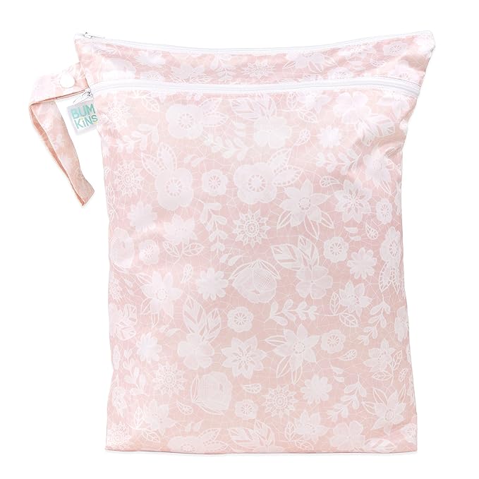 Bumkins Waterproof Wet Dry Bag for Baby, Travel, Swim Suit, Cloth Diapers, Pump Parts, Pool, Beach, Gym Clothes, Toiletry, Hook to Stroller, Daycare, Zipper Reusable Wetdry Packing Pouch, Floral Gray