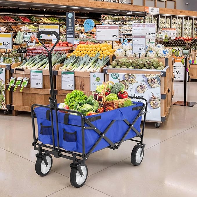 FDW 39''L Collapsible Wagon Cart, Heavy Duty Utility Folding Wagon for Outdoor Sports, 330 LBS Weight Capacity, Camping, Garden, and Shopping, Blue