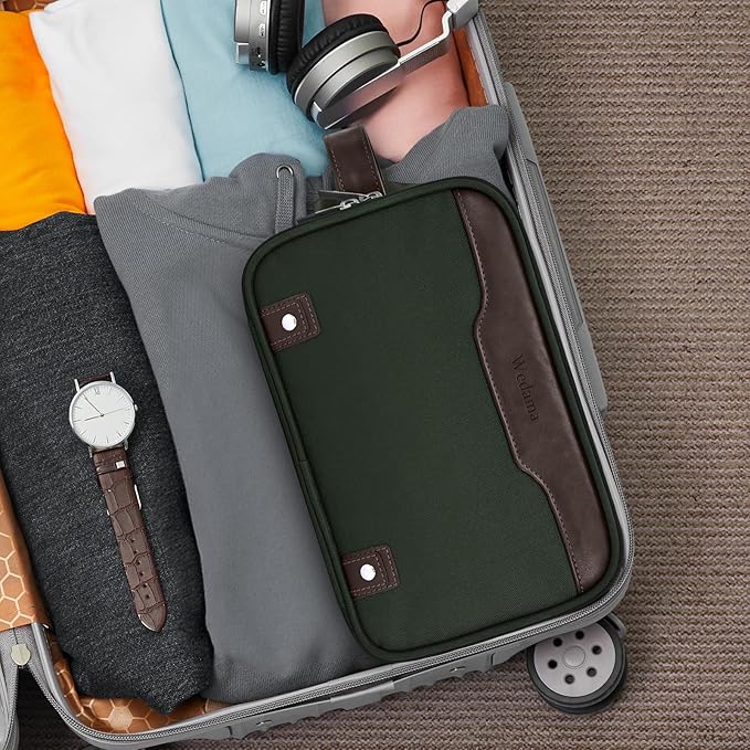 Wedama Toiletry Bag for Men, Medium Hanging Travel Toiletry Bag, Extra Electronic Organizer Bag Waterproof Shaving Bag for Toiletry with PU Handle for Travel Business Trips Swim Camping, Green+ Brown