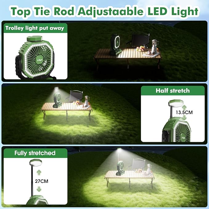 Portable Fan, AI Outdoor Rechargeable Camping Fan with Light, 20000mAh Battery Powered, 360° Rotating Hook, 4 Speeds for Indoor, Traveling, Tenting, RVing, Fishing, Beach (Green)