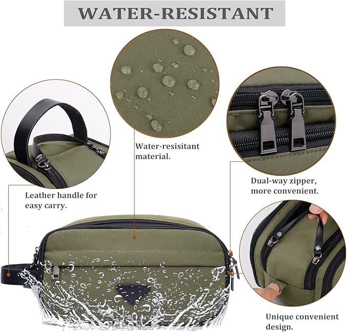 Mens Toiletry Bag Travel Leather Toiletry Organizer Dopp Kit for Men Water-resistant Shaving Bag for Bathroom (Green)