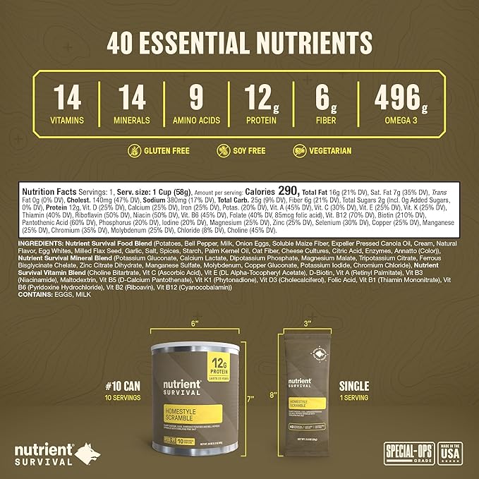 Nutrient Survival MRE Homestyle Scramble Eggs, Ready to Eat Meals (10 Servings) Freeze Dried Prepper Supplies & Emergency Food Supply, 40 Essential Nutrients, Shelf Stable Up to 25 Years, One Can