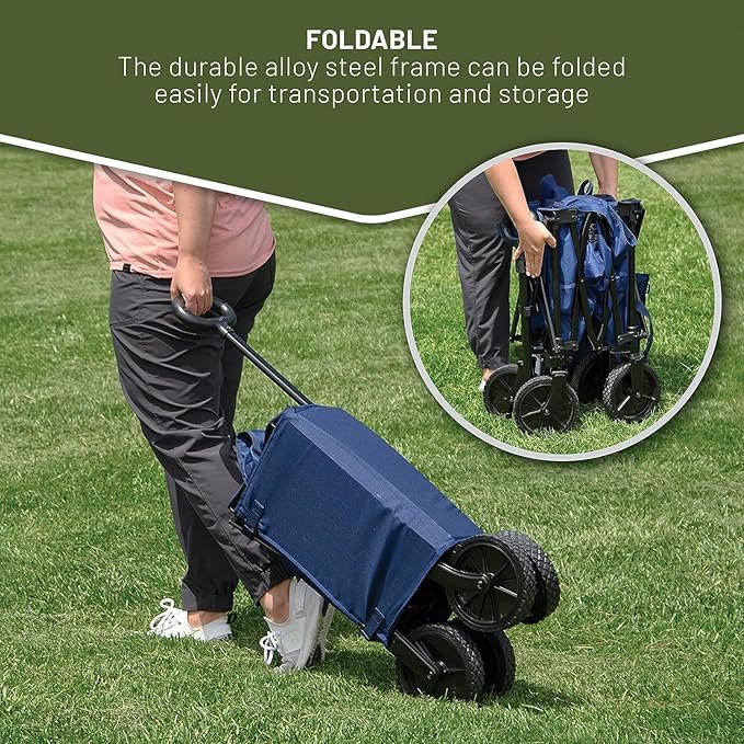 TIMBER RIDGE Folding Collapsible Wagon, Utility Push Pull Beach Wagon with All-Terrain Universal Wheels, Heavy Duty Foldable Grocery Cart for Outdoor Garden Camping Shopping, Holds 225 lbs, Dark Blue