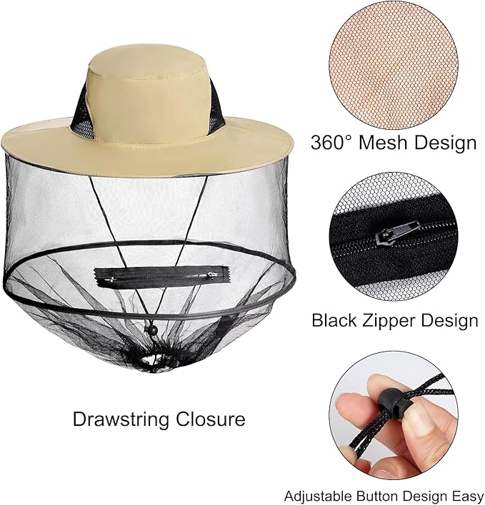 Sucrain 2 Pack Mosquito Head Net Hat Sun Hat Garden Bug Hat with Hidden Net Mesh for Outdoor Gardening Beekeeping