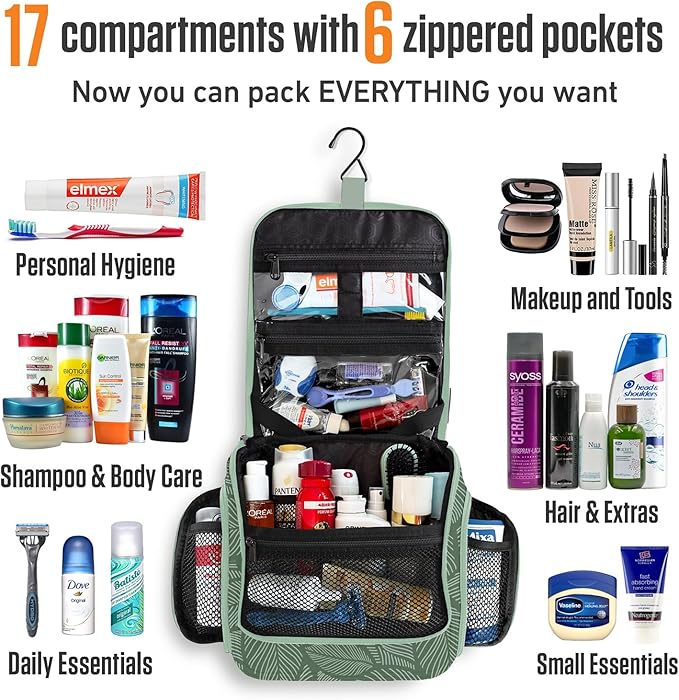 VENTURE 4TH Hanging Travel Toiletry Bag for Women & Men - Travel Organizer with Expandable Compartments & Removable Clear Pouch for Toiletries (Green Leaves)
