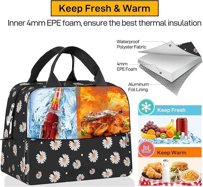 HOMESPON Insulated Lunch Bag for Women Men Lunch Box Cooler Lunch Tote for Work Picnic (Daisy)