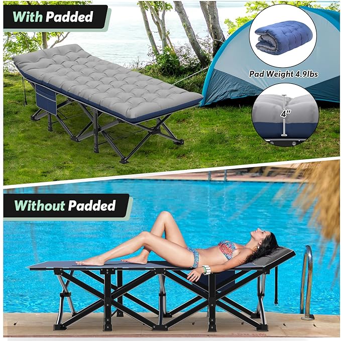 Slendor Oversized XXL Camping Cot, Folding Cot for Adults, 79" L x 32" W x 19" H Sleeping Cot with Mattress, Carry Bag, Camp Cot Bed for Travel, Guest, Support 500lbs, Blue Cot+ Grey Pad