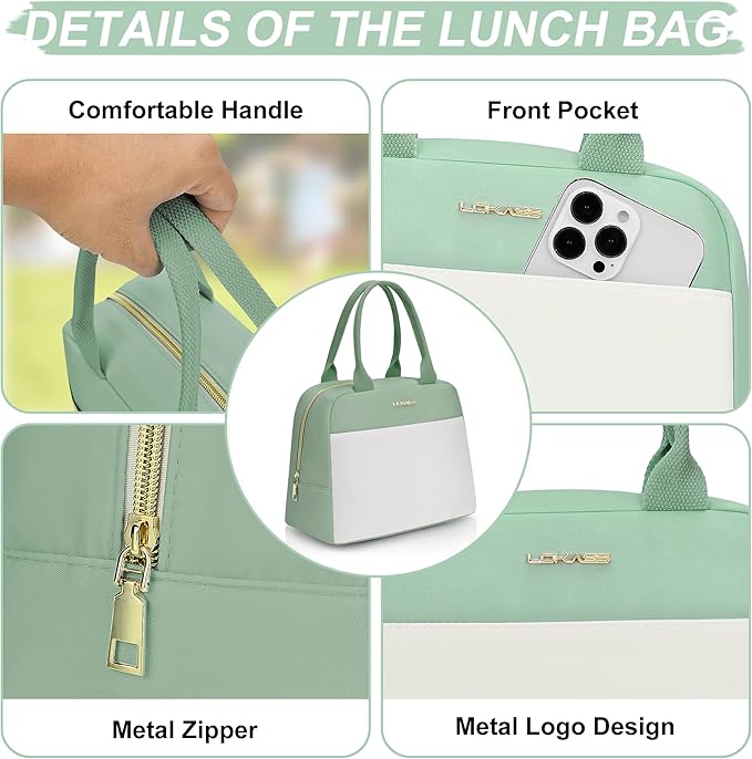 LOKASS Lunch Bag for Women-Insulated Adults Lunch Box with Front Pocket- Small Cute Lunch Tote for Work-Reusable Cooler Bag for Office Picnic Beach or Travel (Light Green)