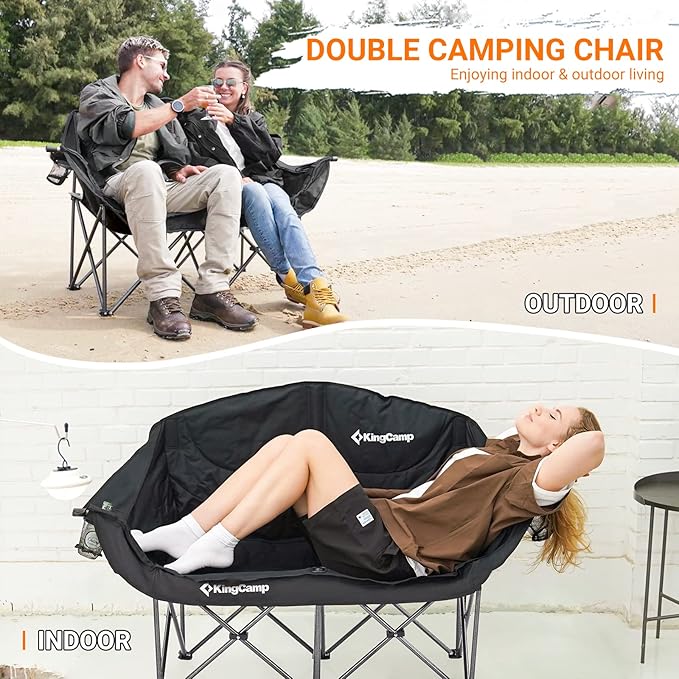 KingCamp Double Camping Chair, Oversized Heavy Duty Loveseat for Adults Portable Folding XL 2 Person Couch Padded Comfortable Two Seat with Cup Holder for Outdoor Lawn Backyard