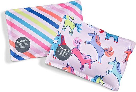 Cool Coolers by Fit & Fresh 2 Pack Soft Ice, Flexible Stretch Nylon Reusable Ice Packs for Lunch Boxes & Coolers, Unicorn Stripe