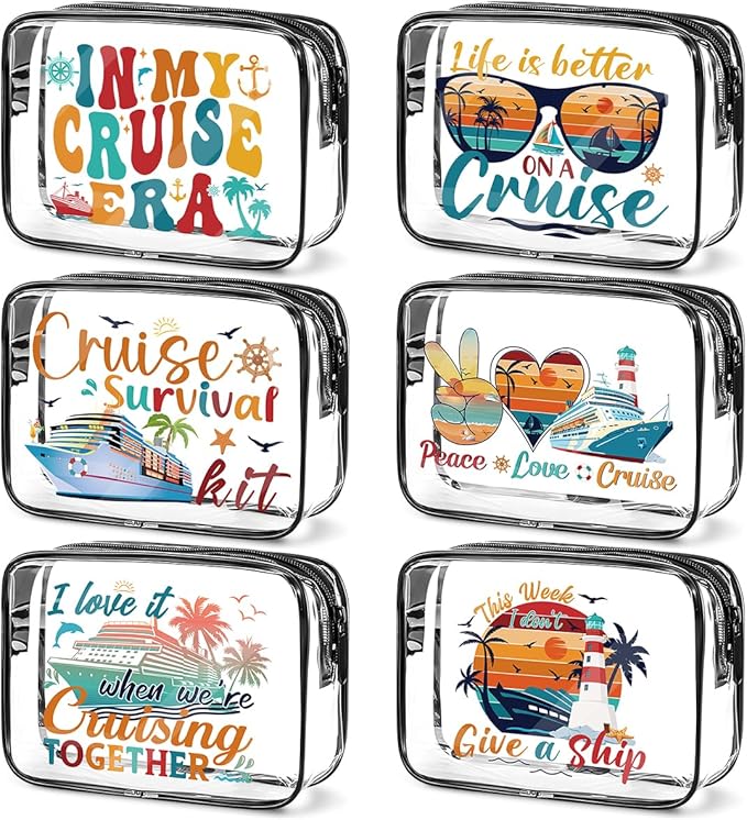 6 Pcs Clear Cruise Makeup Bags Gifts, Cruise Essentials Beach Cosmetic Bag for Women, Cruise Ship Survival Kits, Travel PVC Waterproof Toiletry Bags for Girls Sister Daughter Nurse Teacher