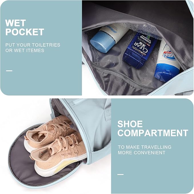 Gym Bag for Women & Men with Wet & Shoe Compartment, Small Duffle Bag for Travel, Sport, Gym, Workout, Overnight, Weekender, Carry-on - Light Blue