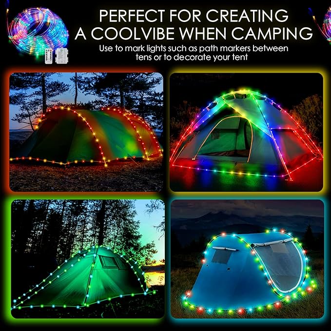 Camping Tent String Lights, 40Ft 120 LEDs 8 Modes Color Changing LED Rope Lights Battery Powered, Outdoor Waterproof LED Tent Light Great for Camping, Canopy, Hammock, Trampoline