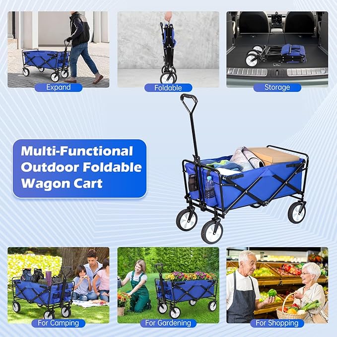 FDW 39''L Collapsible Wagon Cart, Heavy Duty Utility Folding Wagon for Outdoor Sports, 330 LBS Weight Capacity, Camping, Garden, and Shopping, Blue