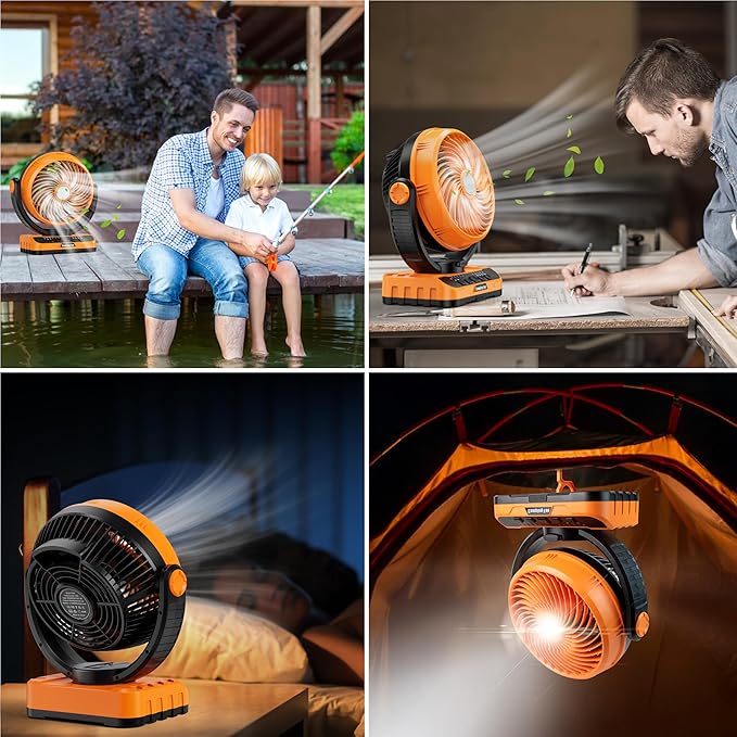 Camping Fan with LED Lantern, 40000mAh Rechargeable Battery Operated Outdoor Tent Fan with Light & Hanging Hook, 5 Speeds, Personal USB Desk Fan for Camping, Power Outage, Hurricane, Jobsite