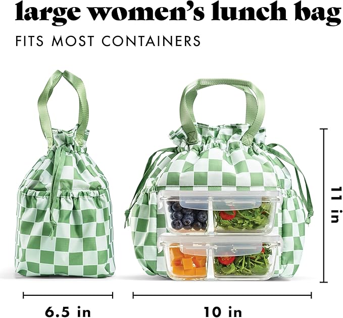 Fit & Fresh Lunch Bag For Women, Insulated Womens Lunch Bag For Work, Stain-Resistant Large Lunch Box For Women With Containers, Cinch Closure Cromwell Pistachio Checker Board