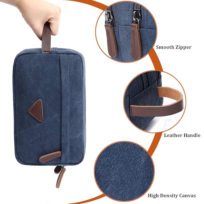 Mactso Mens Travel Toiletry Bag Canvas Leather Cosmetic Makeup Organizer Shaving Dopp Kits with Double Compartments (Blue 1)