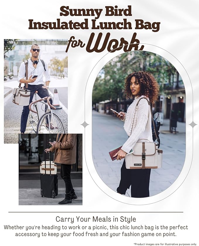 SUNNY BIRD 15L Insulated Lunch Bag with Foldable and Leakproof Design, Thermally Insulated, Shoulder Strap for Women, Men (Classic Ivory)