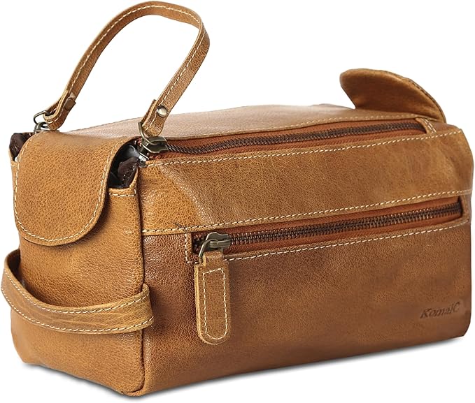 KomalC Premium Buffalo Leather Unisex Toiletry Bag Travel Dopp Kit