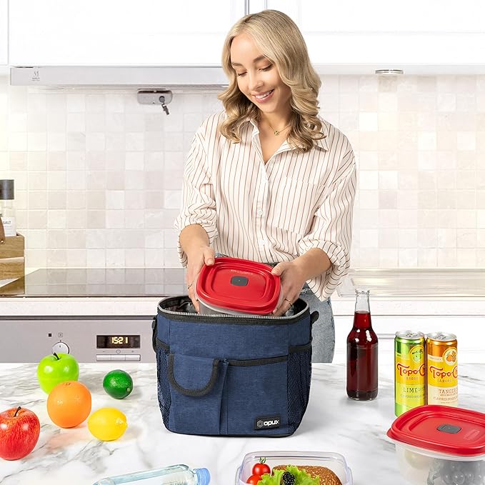 opux Insulated Lunch Bag for Men Women, Leakproof Heather Navy Lunch Box for Work, Portable Soft Lunch Cooler Bag with Shoulder Strap, Adult Lunchbox Lunch Pail for Kid Boy Girl School, 18 Can/10L