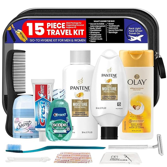Trektote Travel Toiletry Kit For Women – 15 Piece Set of Travel Size Toiletries, TSA Compliant, Includes Pantene Shampoo And Conditioner, Olay Body Wash, Reusable Toiletry Bag & More