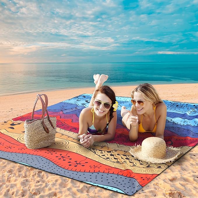 Beach Blanket Waterproof Sandproof Beach Mat 79" X 83" /10'x9'for 2-8 Adults Quick Drying Outdoor Picnic Mat Beach Accessories for Travel, Camping, Hiking