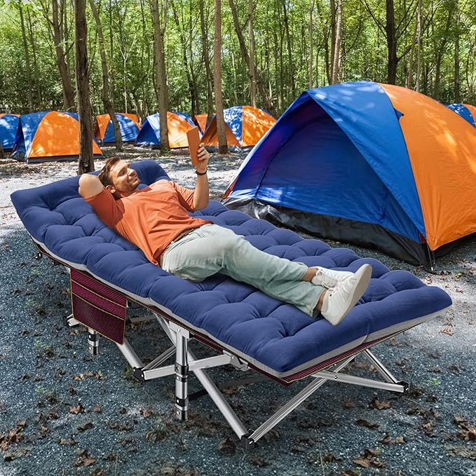 ABORON 2 Pack Folding Camping Cot W/Mat for Adults, Heavy Duty Outdoor Bed with Carry Bag,1200 D Layer Oxford Travel Camp Cots