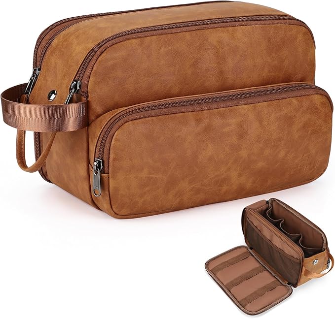 Toiletry Bag for Men, Travel Toiletry Bag Travel Essentials, Dopp Kit Water-resistant Shaving Bag, Bathroom Bag Toiletries Organizer, Brown(PU Leather)