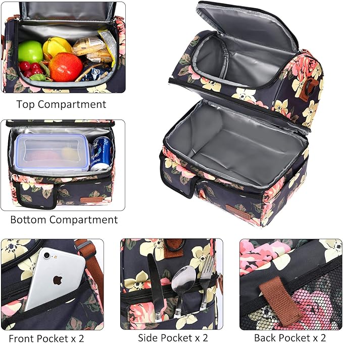 LOKASS Lunch Bag Women Double Deck Insulated Lunch Box Large Cooler Tote Bag with Removable Shoulder Strap Wide Open Thermal Meal Prep Lunch Organizer Box for Adults Work/Outdoor, Black Peony