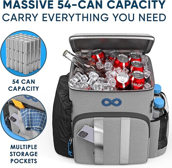 Everlasting Comfort Insulated Cooler Backpack - 54 Can, Leakproof Liner, Waterproof Zipper, Soft Backpack Cooler Bag for Men and Women - Beach, Picnic, Camping, Lunch