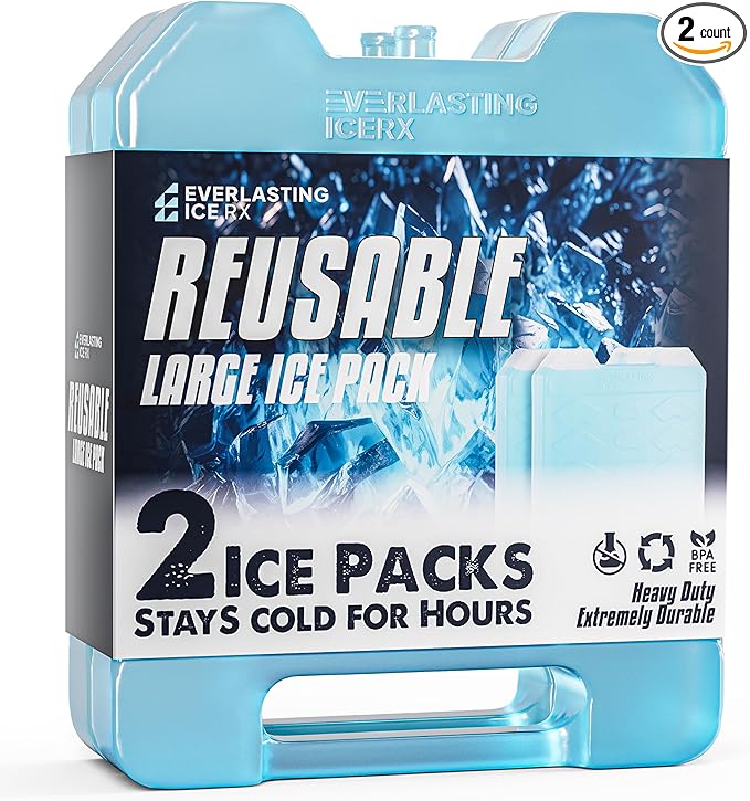 Everlasting Ice RX Large Reusable Ice Packs for Cooler with Handle (4 Pack) Long Lasting Coolness, BPA Free, Freezer Packs for Extended Cooling | Cooler Ice Packs for Camping, Fishing, Hiking, Beach
