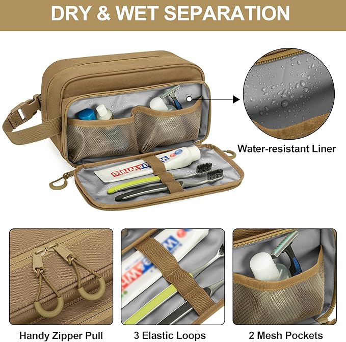 Tactical Toiletry Travel Bag for Men, Dopp Kit Shaving Organizer Case for Toiletries, Shower and Grooming Care Accessories, Khaki(Empty Bag Only, Patent Design)