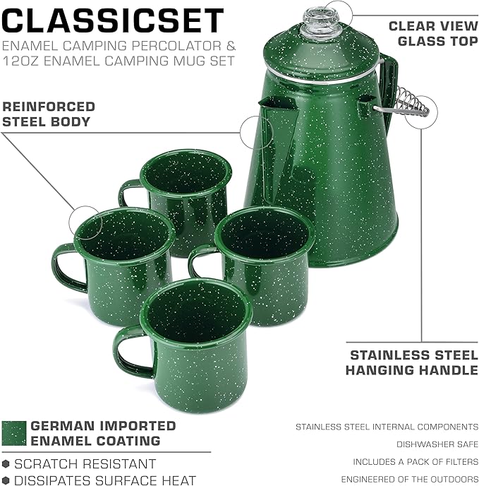 COLETTI Classic Camping Coffee Pot & Mug Set - Percolator Coffee Pot, Enamel Mug Complete Nostalgic Bundle German Imported Enamel Powder [12 oz, Set of 4] (Green)