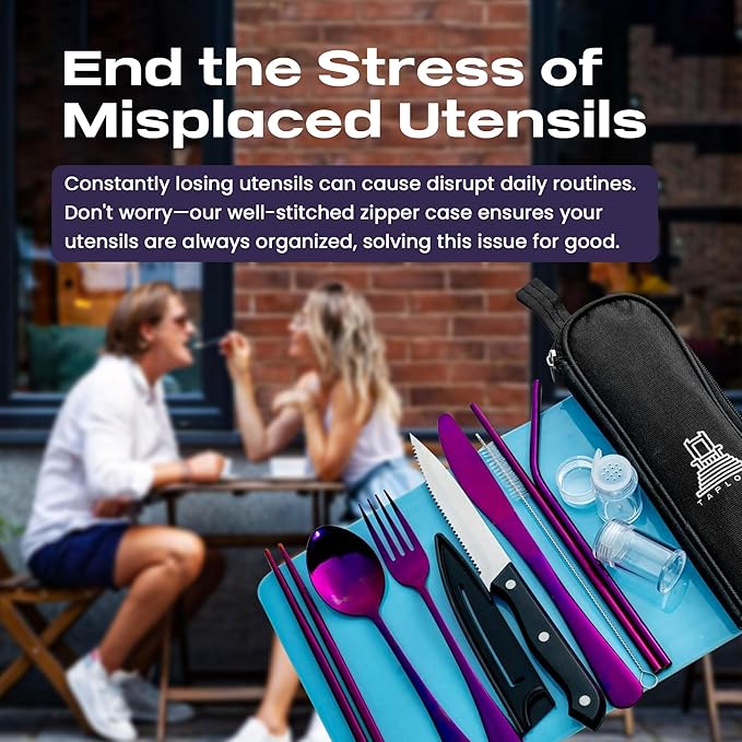 Portable Travel Silverware Set With Case, Includes 10 Pcs of Travel Utensils With Case, Stainless Steel Flatware Set For Camping, Lightweight (Purple)