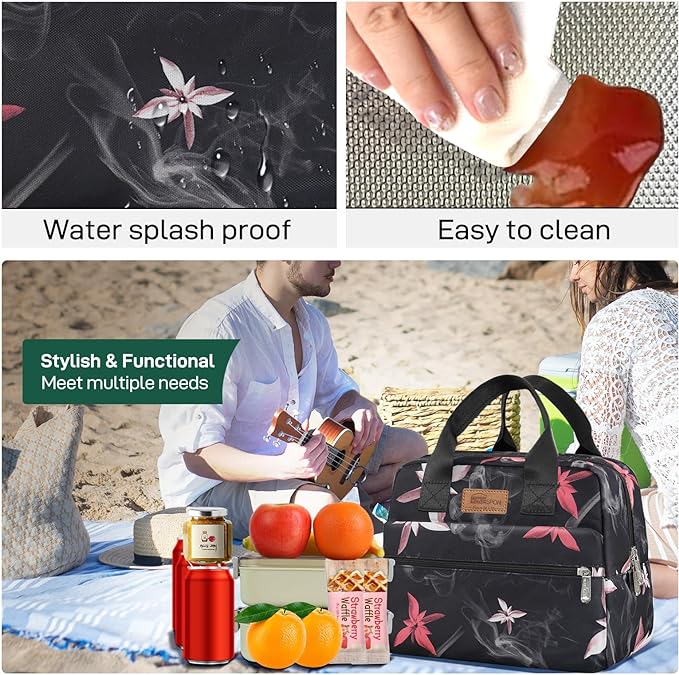 HOMESPON Insulated Lunch Bag for Women Men Lunch Box Cooler Lunch Tote for Work Picnic (Pink Flowers)