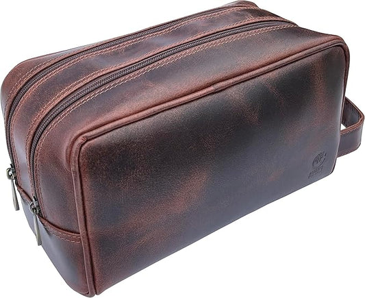 RUSTIC TOWN Leather Toiletry Bag for Men - Travel Shaving Dopp Kit - Bathroom Shower Toiletries Organizer - Leather Cosmetic Bag for Women (Walnut Brown)