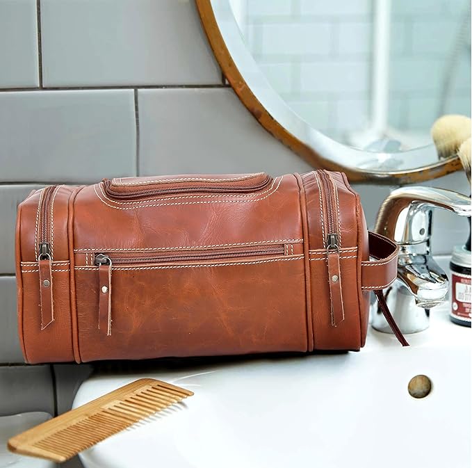 VC VINTAGE COUTURE Leather Toiletry Bag for Men Extra Large Leather Men's Toiletry Bag for Traveling Real Leather Dopp Kit for Men Leather Shaving Bag for Travel